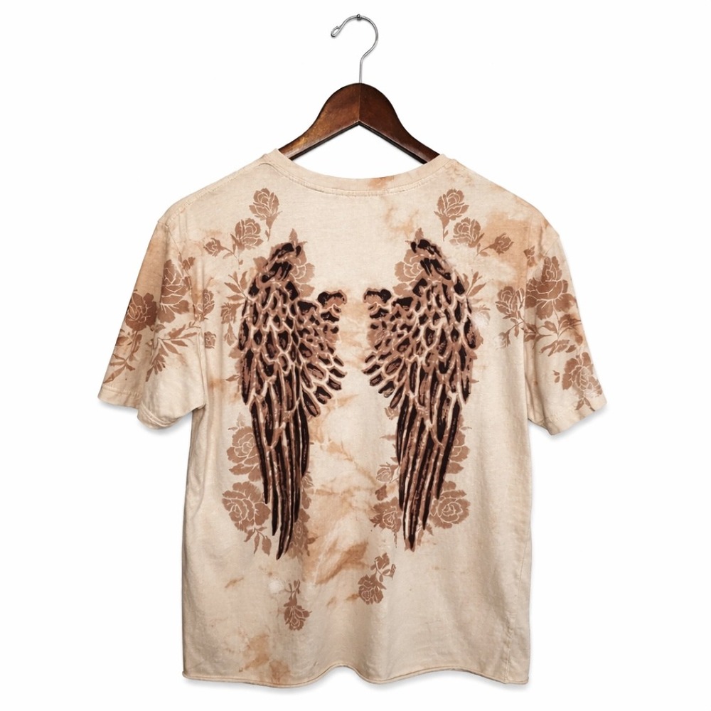 Affliction Womens Lace Up V-Neck T-Shirt Large Tan Floral Angel Wings GUC - Picture 3 of 7